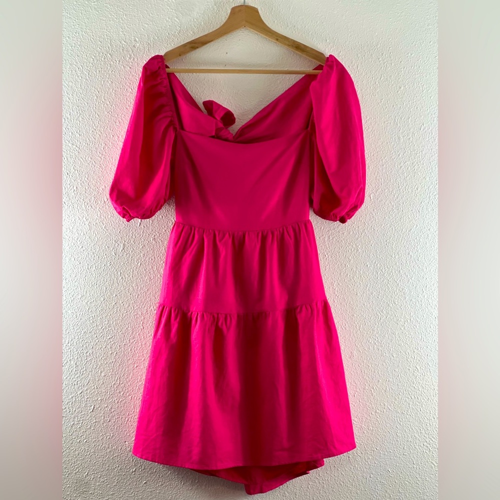 Hello Molly hot pink linene puff sleeve backless boho dress 6